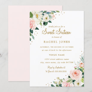 Bloemen Blush Roze Goud Sweet Sixteen Invitation Kaart