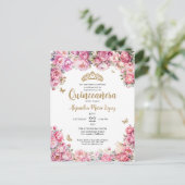 Bloemen Blush Roze Gouden Glitter Tiara Quinceañer Briefkaart (Staand voorkant)