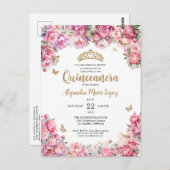 Bloemen Blush Roze Gouden Glitter Tiara Quinceañer Briefkaart (Voorkant / Achterkant)