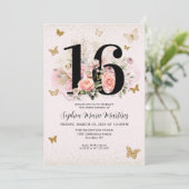 Bloemen Blush Roze Gouden Glitter Vlinder Zoet 16 Kaart (Staand voorkant)