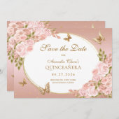 Bloemen Blush Roze Gouden Vlinder Quinceanera Aankondiging (Voorkant / Achterkant)