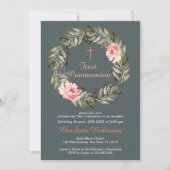 Bloemen Blush Roze Grijs Communie Uitnodigen Bedankkaart (Voorkant)