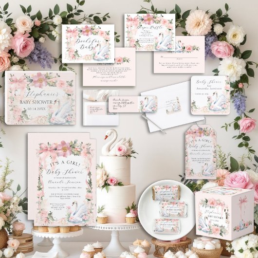 Bloemen Blush Roze Lint Elegant Zwaan Baby shower Kaart