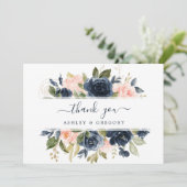 Bloemen Blush Roze & Navy Lijst Elegant Bedankkaart (Staand voorkant)