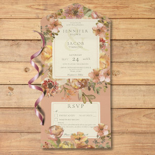  Bloemen Blush Roze & Rust Details Huwelijk All In One Uitnodiging