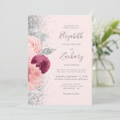 Bloemen Blush Roze Zilver Glitter Bourgogne Huweli Kaart (Staand voorkant)