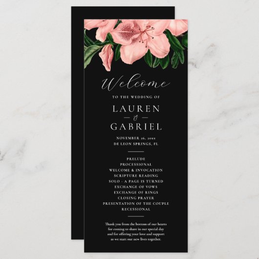  Bloemen Blush Roze Zwart Bruiloft Programma (Voorkant / Achterkant)