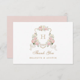 Bloemen Blush Rozen Groen Crest Monogram Bruiloft Bedankkaart
