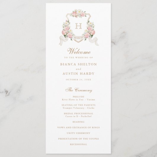 Bloemen Blush Rozen Groen Crest Monogram Bruiloft Programma (Voorkant)