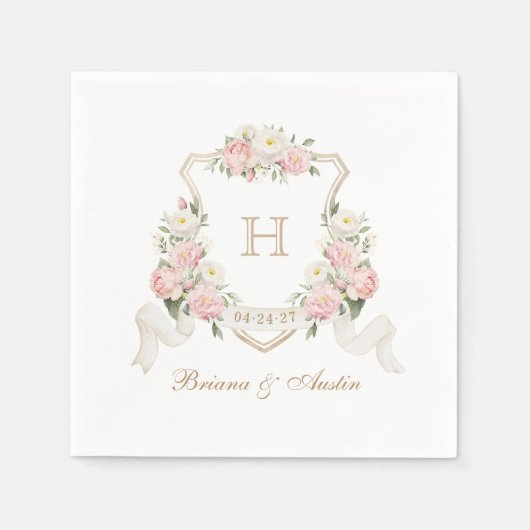 Bloemen Blush Rozen Groen Crest Monogram Bruiloft Servet (Voorkant)