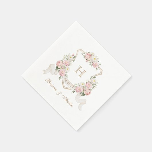 Bloemen Blush Rozen Groen Crest Monogram Bruiloft Servet (Hoek)