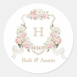 Bloemen Blush Rozen Monogram Crest Envelop Ronde Sticker
