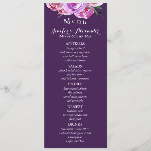Bloemen blush violet pioenrozen pruim bruiloft men menu (Voorkant)