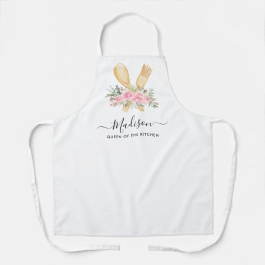 Bloemen Blush Waterverf Utensils Script Keuken Schort (Voorkant)