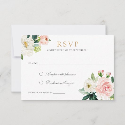 Bloemen Blush Wit Romantisch Reageer RSVP Kaart (Voorkant)