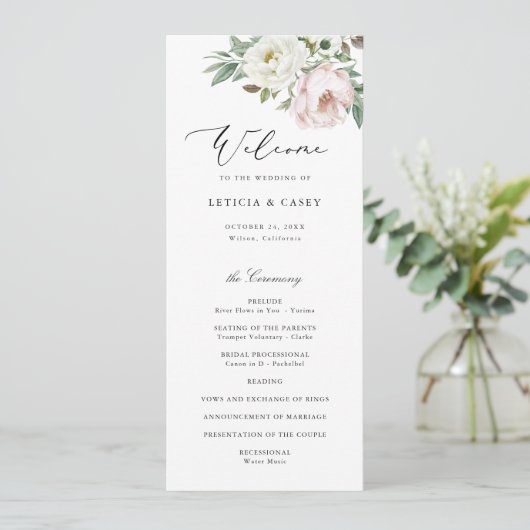 Bloemen Blush Witte Pioen Elegant Bruiloft Programma (Staand voorkant)