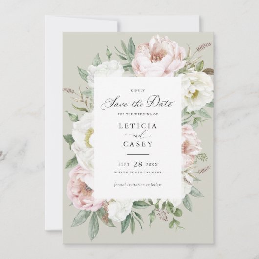 Bloemen Blush Witte Pioenen Bruiloft Save the Date Kaart (Voorkant)