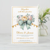 Bloemen Boeket Groene boog Goud Huwelijksuitnodigi Kaart (Staand voorkant)