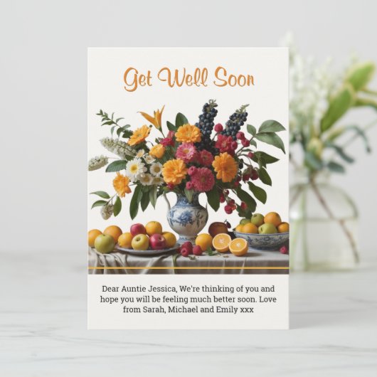 Bloemen Boeket Met Fruit Word Goed Binnenkort Kaart (Staand voorkant)