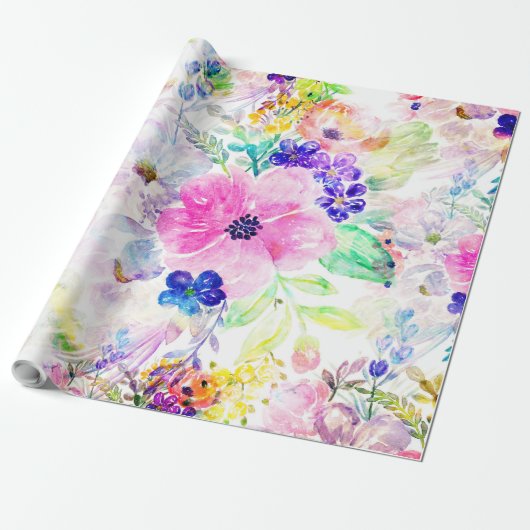 bloemen Boho Floral Waterverf Design Cadeaupapier (Uitgerold)