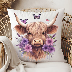 Bloemen Boho Paarse Hoogland Koe Boerderij Home Kussen