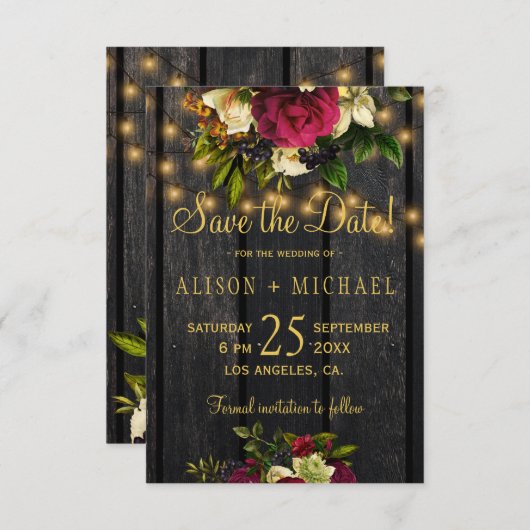 Bloemen bordeaux schuur hout save the date bruilof (Voorkant / Achterkant)