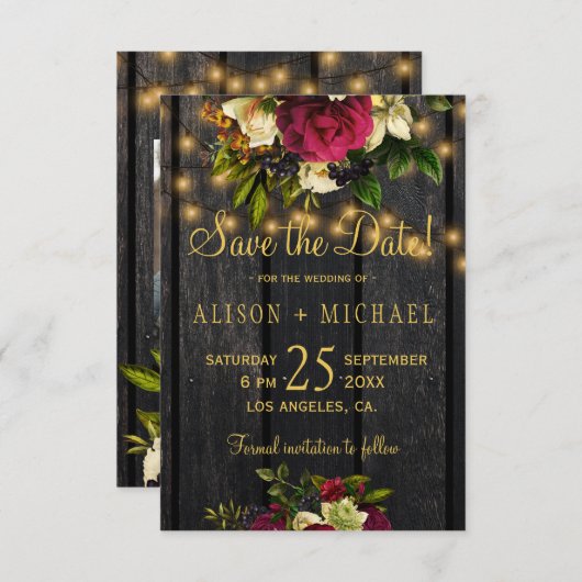 Bloemen bordeauxhout FOTO save the date bruiloft (Voorkant / Achterkant)