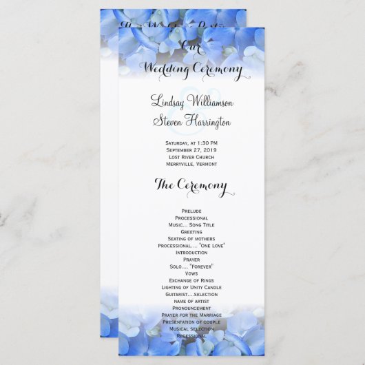 Bloemen Border Blue Hydrangea Wedding Tall Program Programma (Voorkant / Achterkant)