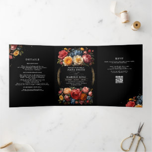 Bloemen Botanische Zwart Moody Vintage Wedding Drieluik Uitnodiging