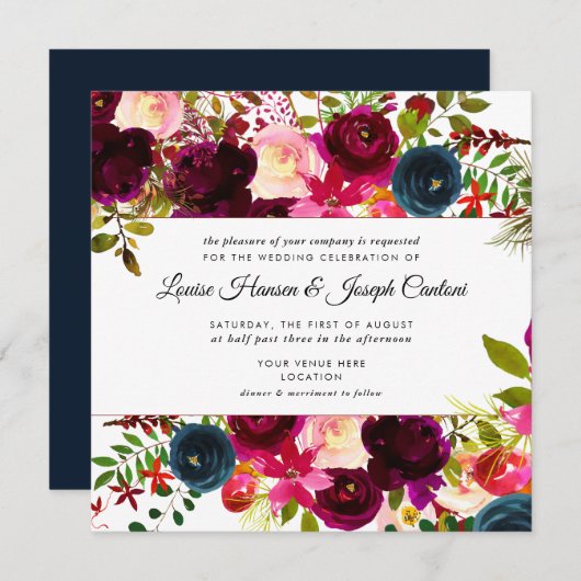 Bloemen Bourgogne Blush Navy Waterverf bruiloft Kaart (Voorkant / Achterkant)