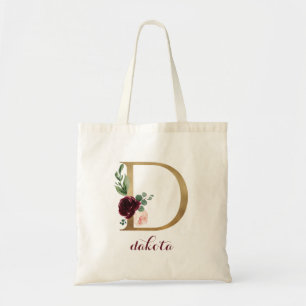 Bloemen Bourgondië Blush Goud Monogram Letter "D" Tote Bag