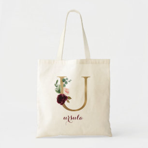 Bloemen Bourgondië Blush Goud Monogram Letter "U" Tote Bag