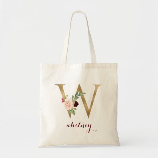 Bloemen Bourgondië Blush Goud Monogram Letter "W" Tote Bag (Voorkant)