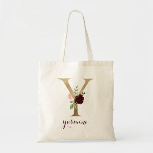 Bloemen Bourgondië Blush Goud Monogram Letter "Y" Tote Bag