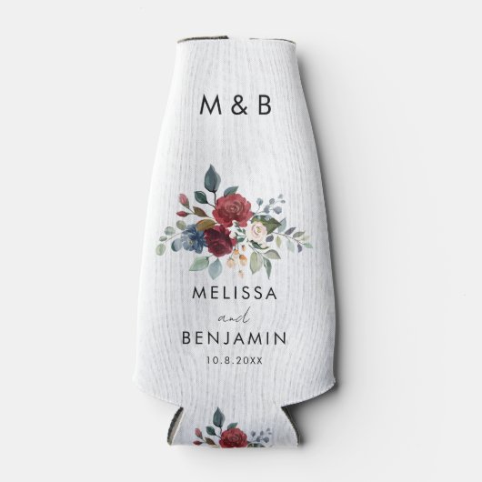 Bloemen Bourgondië Elegant Script bruiloft gunst Flesjeskoeler (Voorkant)