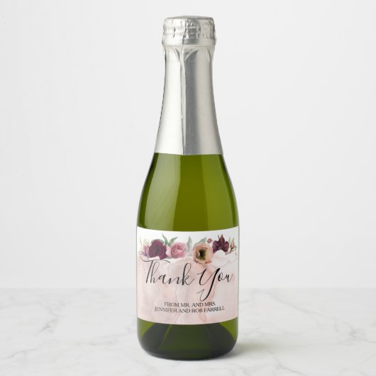 Bloemen Bourgondië en  Blush bruiloft gunst Sparkling Wijnetiket (Voorkant)