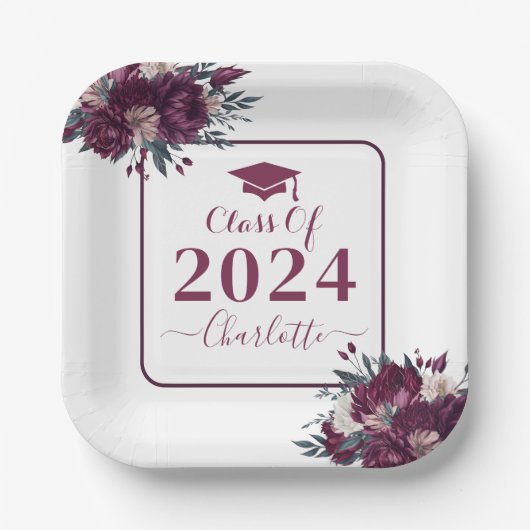 Bloemen Bourgondië en crème Afstuderen klasse van Papieren Bordje (Voorkant)