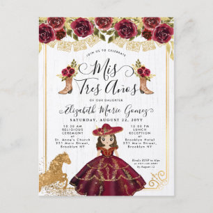 Bloemen Bourgondië Goud Mini Prinses Quinceanera Uitnodiging Briefkaart