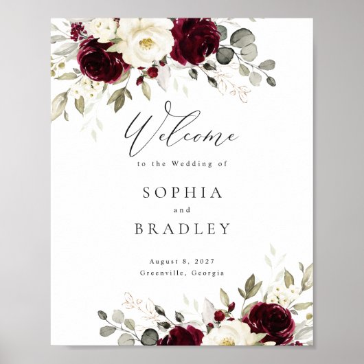 Bloemen Bourgondië Wit Goud Bruiloft Welkomstbord Poster (Voorkant)