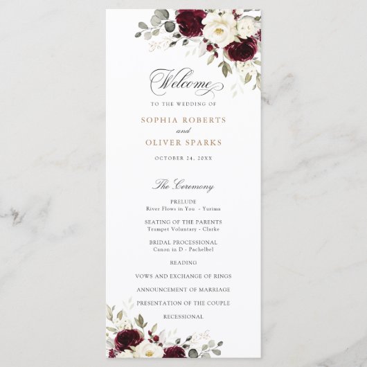 Bloemen Bourgondië wit groen bruiloft programma (Voorkant)