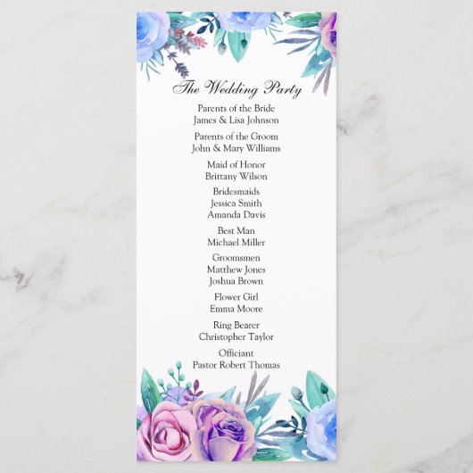 Bloemen bruiloft programma blauw. Boho ceremonieka (Achterkant)