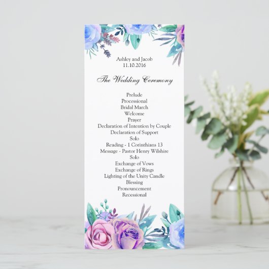 Bloemen bruiloft programma blauw. Boho ceremonieka (Staand voorkant)