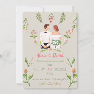 Bloemen bruiloft uitnodiging met bruid en bruidego