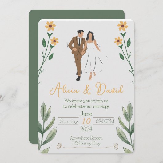 Bloemen bruiloft uitnodiging met bruid en bruidego (Voorkant / Achterkant)