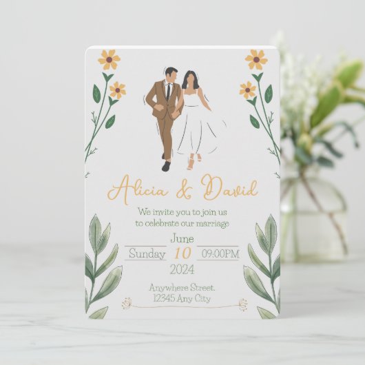 Bloemen bruiloft uitnodiging met bruid en bruidego (Staand voorkant)