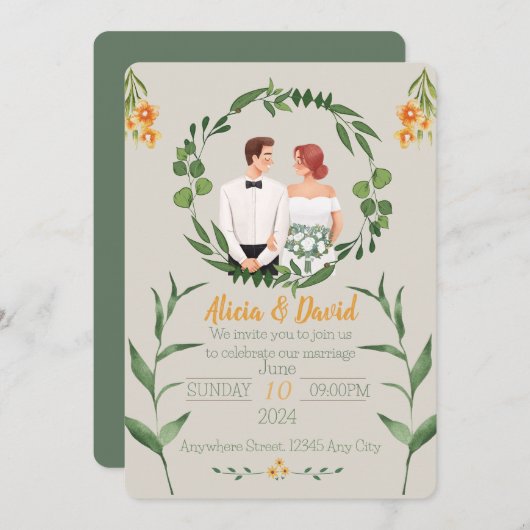 Bloemen bruiloft uitnodiging met bruid en bruidego (Voorkant / Achterkant)