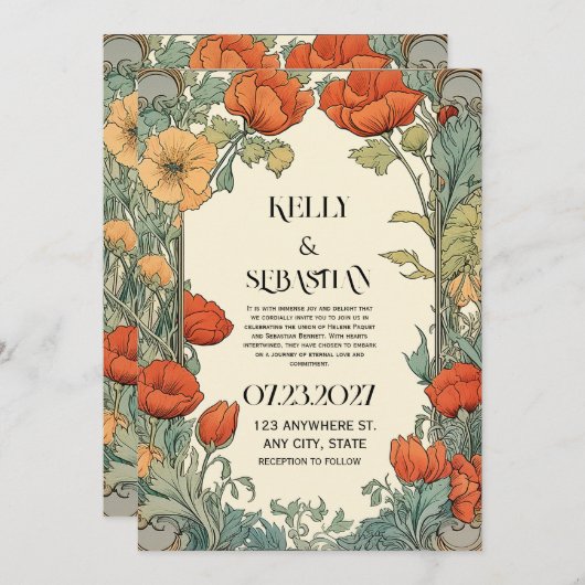 Bloemen bruiloft uitnodiging - Retro-  (Voorkant / Achterkant)