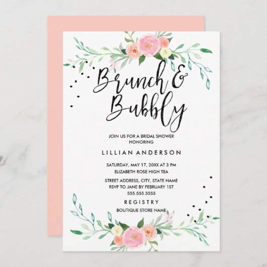 Bloemen brunch en bubble bruids douche uitnodiging (Voorkant / Achterkant)