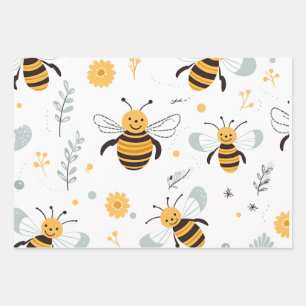 Bloemen Bubble Bee Wrapping Papier Blad Set van 3 Inpakpapier Vel