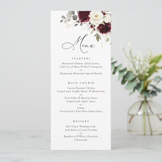 Bloemen Burgundy Wit Groenelementen Goud Trouw Men Menu (Staand voorkant)